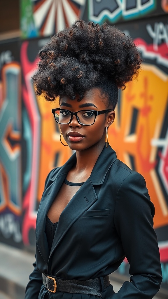 A person with an afro puff hairstyle, wearing glasses and a stylish outfit, against a colorful graffiti background.