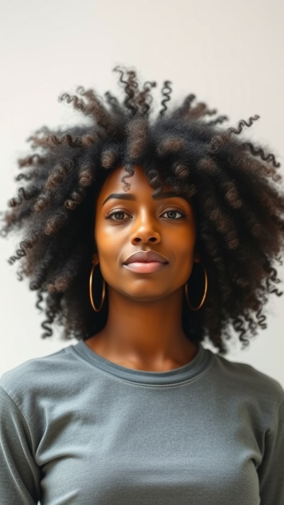 A woman with a defined curly afro hairstyle, wearing a gray shirt and hoop earrings.