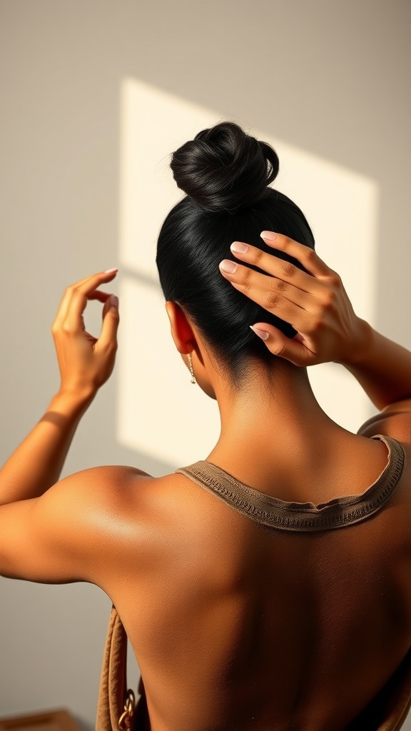 A person adjusting a slick back bun, demonstrating hair care.