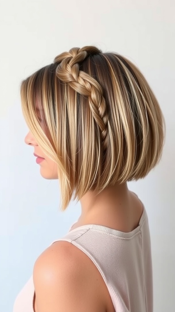 A side view of a chic asymmetrical bob hairstyle with braids, featuring a blend of colors.