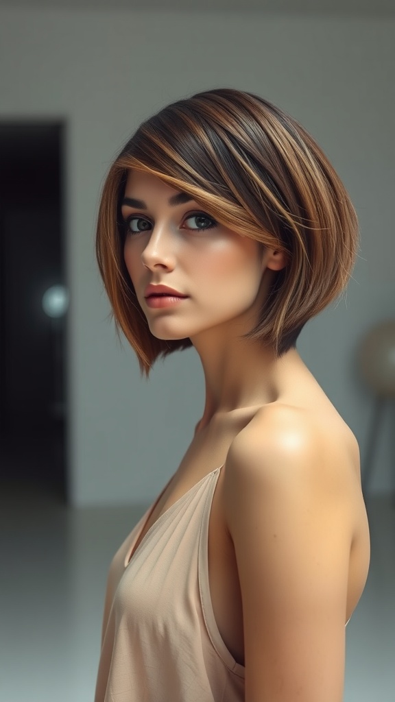 A woman with an asymmetrical bob quick weave hairstyle, featuring layered brown hair with highlights, looking stylish and modern.