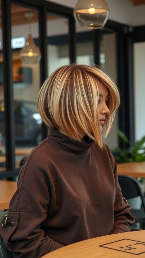 A woman with an asymmetrical bob hairstyle, featuring longer front strands and shorter back, styled with highlights.