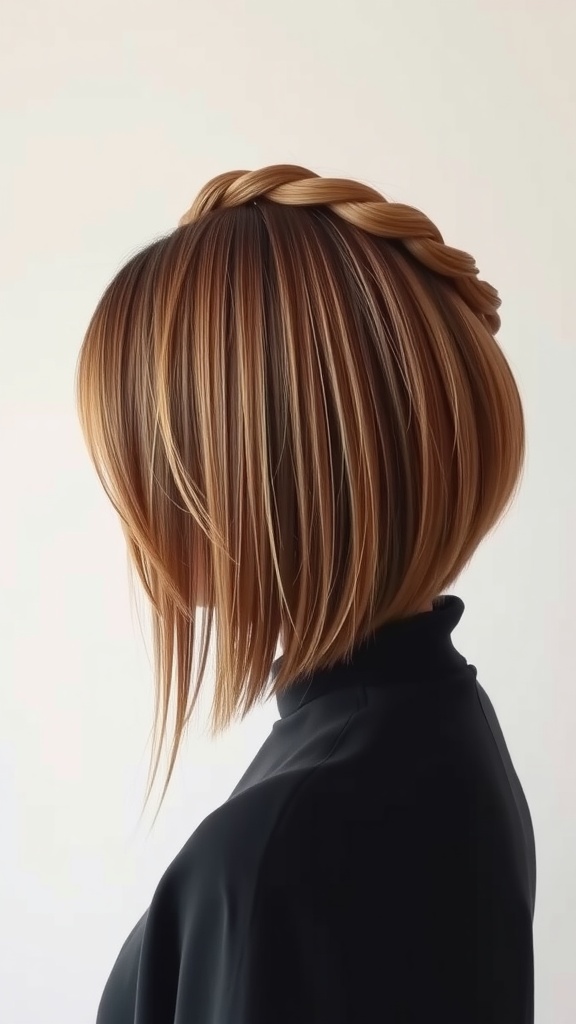 A side view of a woman with an asymmetrical bob haircut and a braided crown, featuring warm hair tones.