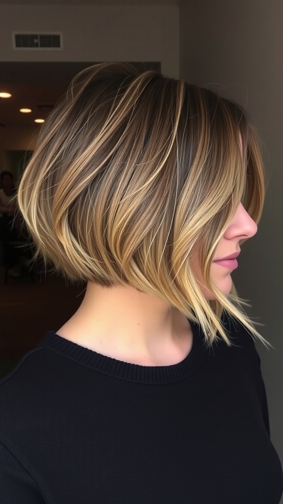 A woman showcasing an asymmetrical bob hairstyle with soft waves and highlights