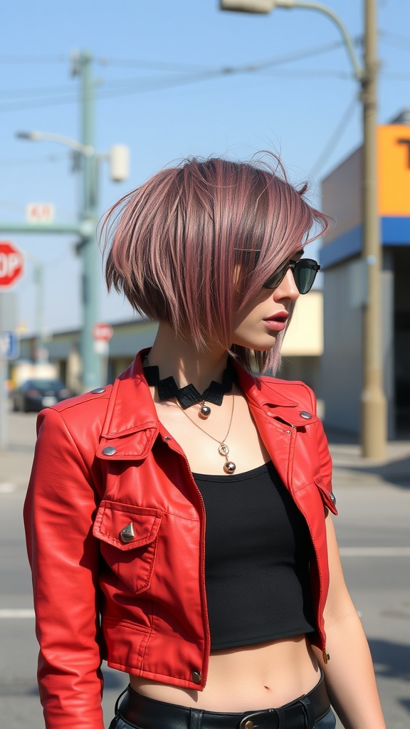 A model with an asymmetrical bob hairstyle featuring a pink hue, wearing a red leather jacket and sunglasses.