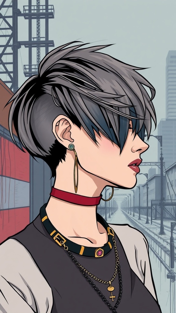 A stylish woman with an asymmetrical bob and undercut, featuring gray hair and edgy accessories.