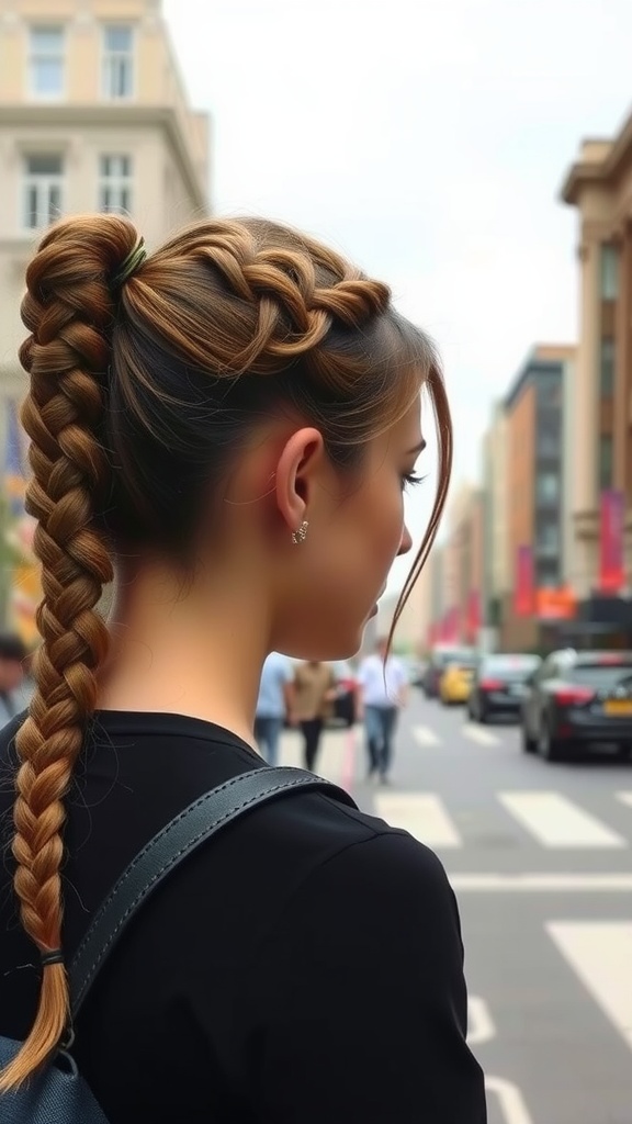 A woman with an asymmetrical braided ponytail walking in a city street.