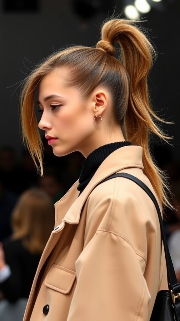 A model with an asymmetrical high ponytail hairstyle wearing a beige coat, showcasing an edgy look.