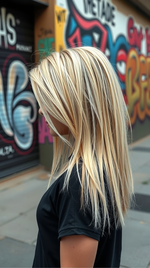 A blonde woman with an asymmetrical long bob hairstyle, showcasing vibrant layers against a colorful graffiti background.