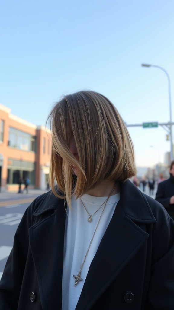 A woman with an asymmetrical long bob hairstyle, wearing a black coat and layered necklaces.