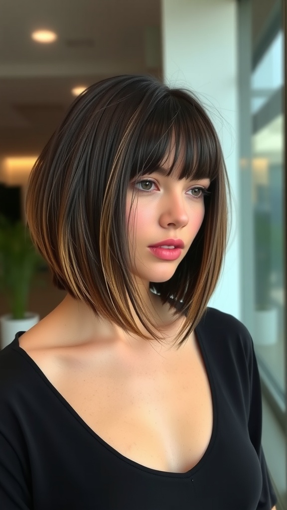 A woman with an asymmetrical long bob hairstyle featuring short bangs, showcasing a modern and stylish look.