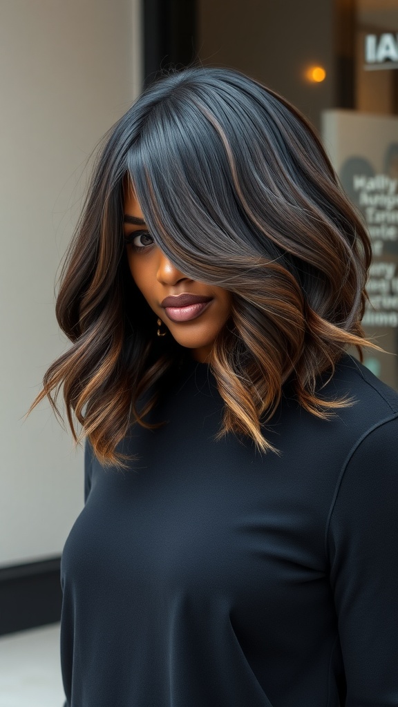 A woman with an asymmetrical long bob hairstyle featuring soft waves, showcasing a stylish and elegant look.