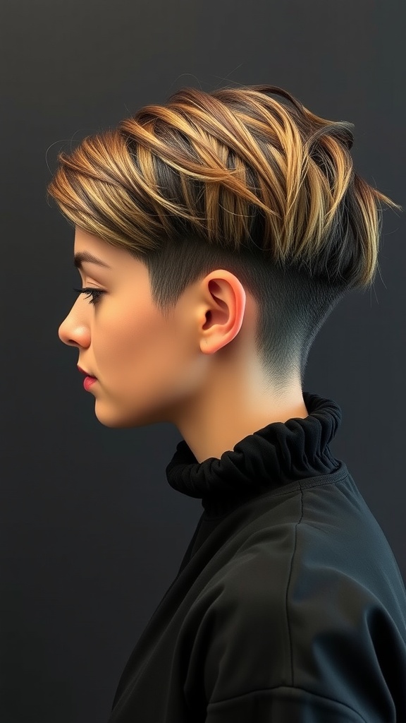 A profile view of a woman with an asymmetrical quick weave hairstyle, featuring longer layers on one side and a shorter buzzed side.