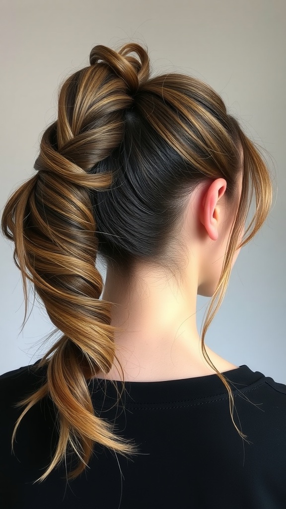A stylish asymmetrical quick weave ponytail with a twisting design and blended hair colors.