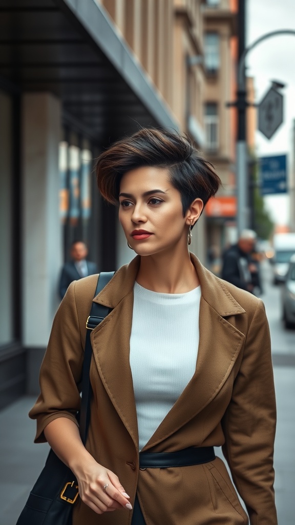 A woman with asymmetrical short hair walking confidently in a stylish outfit.