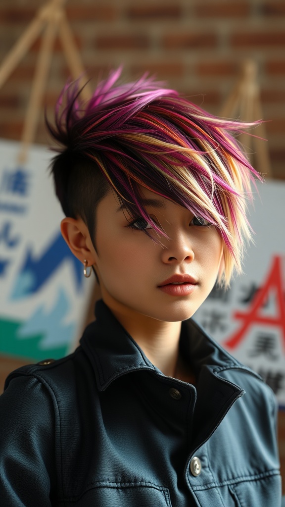 A woman with an asymmetrical short hairstyle featuring vibrant pink and blonde colors.