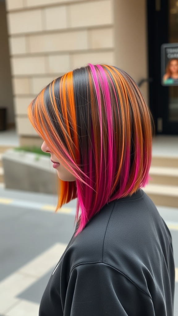 A woman with an asymmetrical straight cut hairstyle featuring vibrant pink and orange highlights.