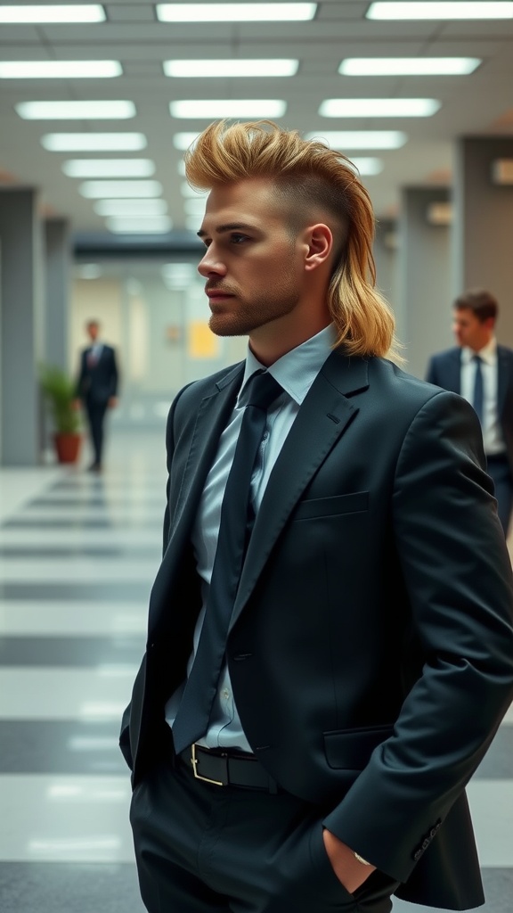 A man in a suit with a mullet hairstyle, standing confidently in a modern office environment.