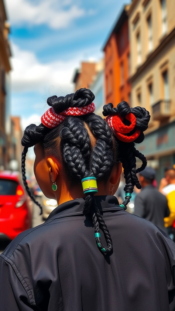 A woman with Bantu knots styled in multiple sections, adorned with colorful hair accessories, standing in a vibrant city street.