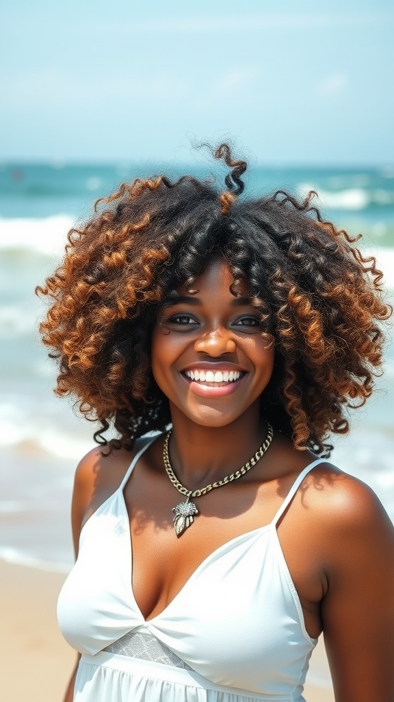 A woman with curly wig hairstyle smiling at the beach, wearing a light dress and a necklace.