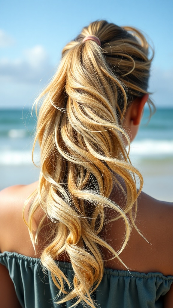 A woman with a messy ponytail and beachy waves, looking out to the ocean.