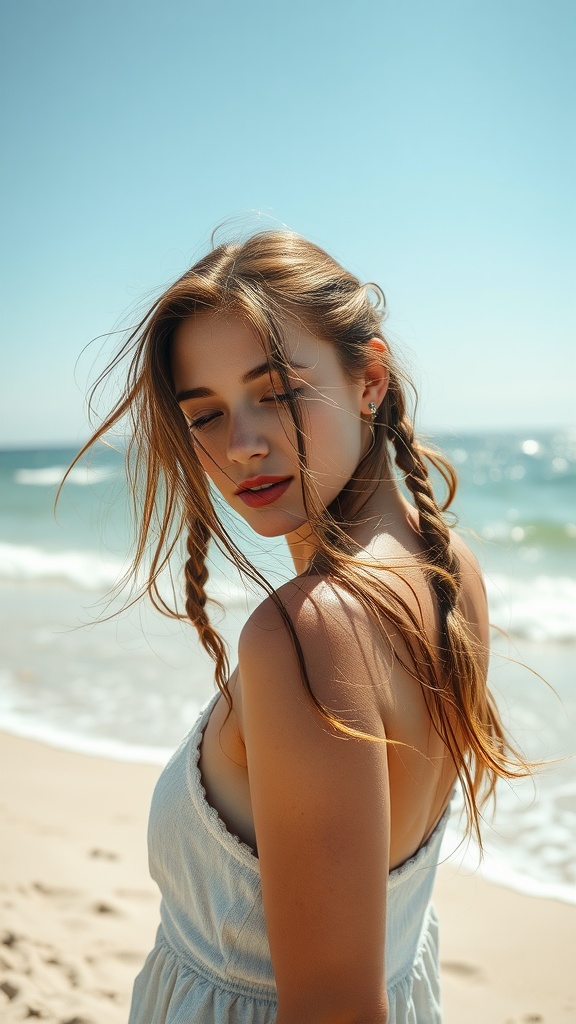 A young woman with beachy waves and braids, standing on the beach.