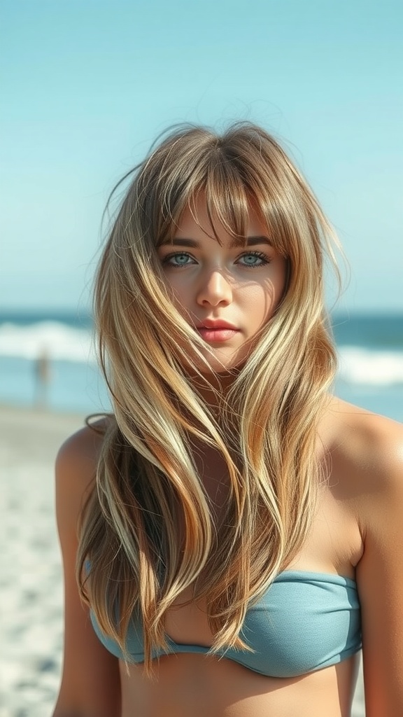 A young woman with beachy waves and soft bangs, standing on the beach with a clear blue sky in the background.