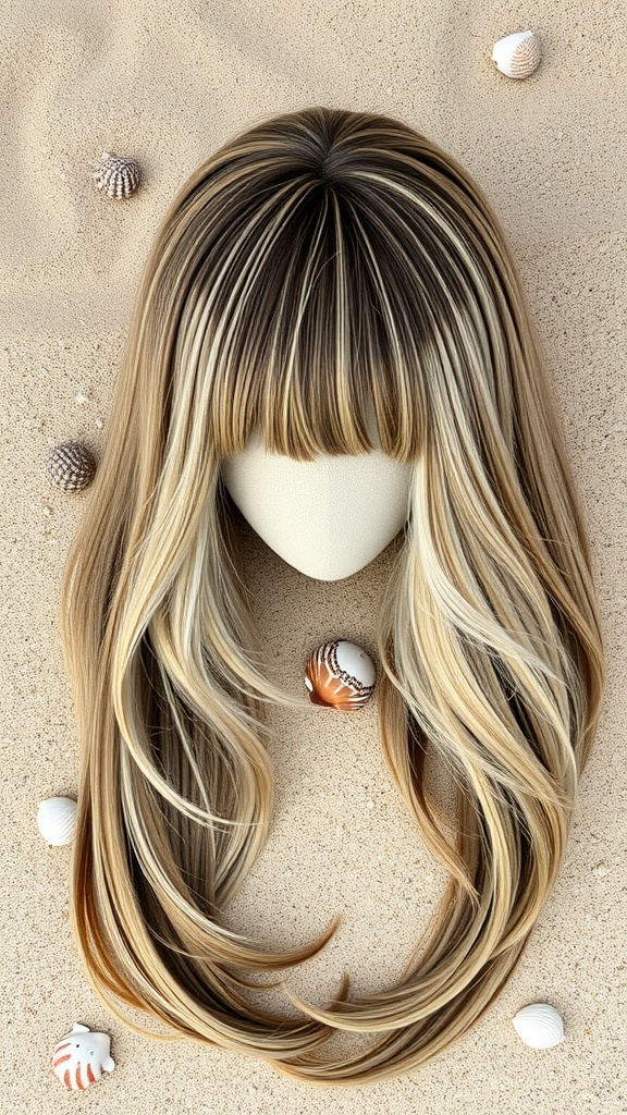 A straight wig with beachy waves, displayed on a mannequin head surrounded by seashells on sand.