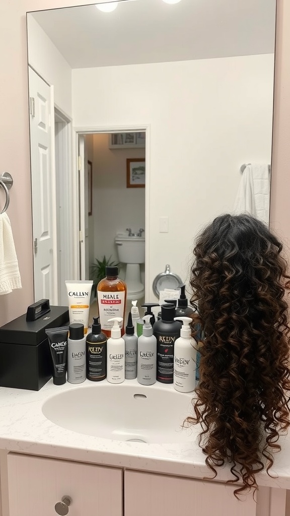 A variety of hair products for curly hair displayed on a bathroom counter, showcasing a curly mullet hairstyle.