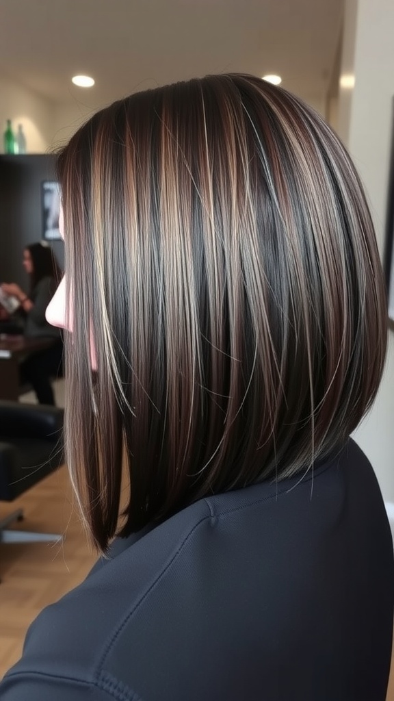 A side view of a blunt cut long bob hairstyle with textured ends, featuring rich brown and blonde highlights.