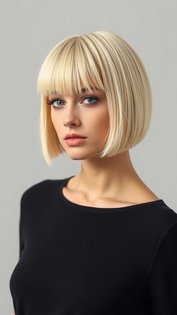 A woman with a blunt cut short blonde bob hairstyle, looking stylish and confident