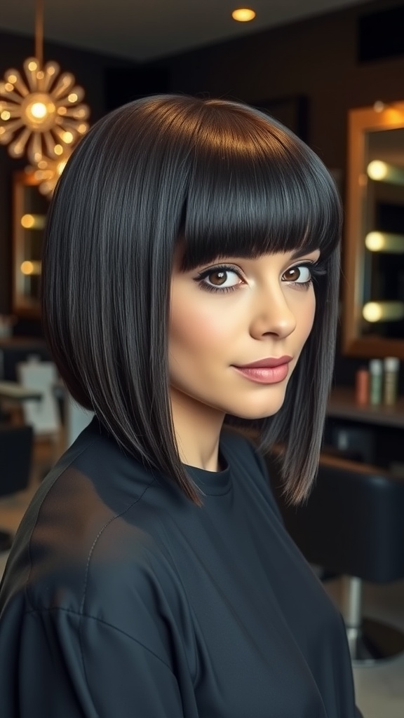 A woman with a blunt cut hairstyle featuring a glossy finish, showcasing a polished look with bangs.