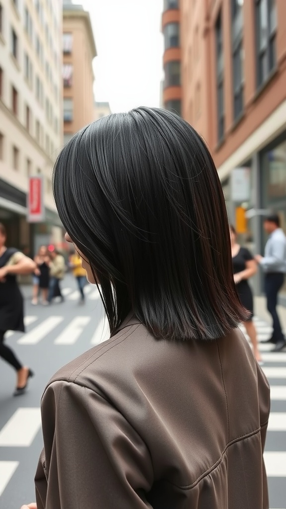 A woman with a blunt long bob hairstyle, walking in a city street.