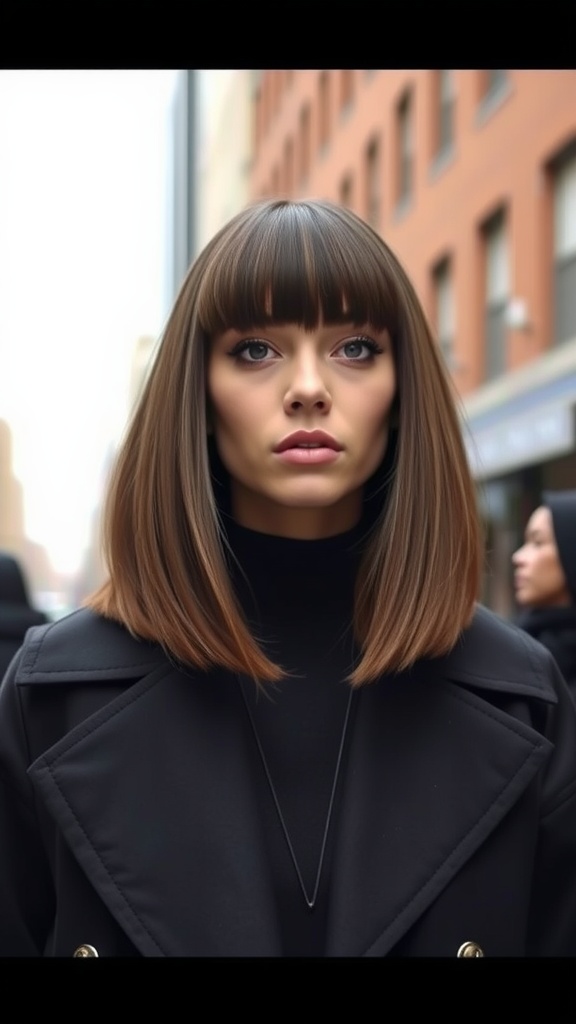 A model with a blunt long bob hairstyle and heavy bangs, wearing a black coat.