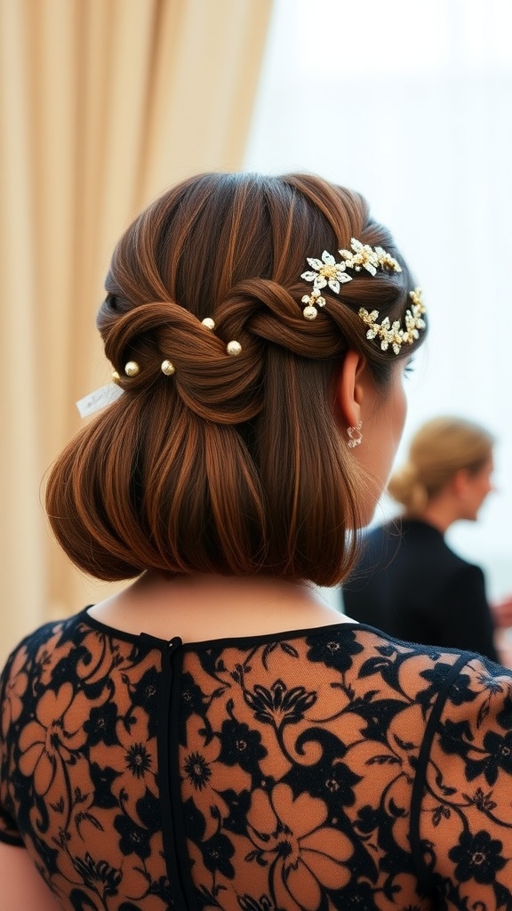 A stylish bob braid hairstyle adorned with hair accessories, suitable for special occasions.
