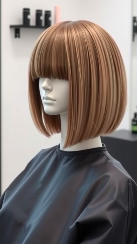 A sleek bob cut straight wig displayed on a mannequin in a hair salon