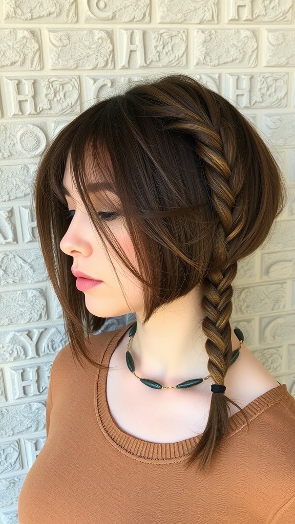 A model with a bob hairstyle featuring a side fishbone braid.