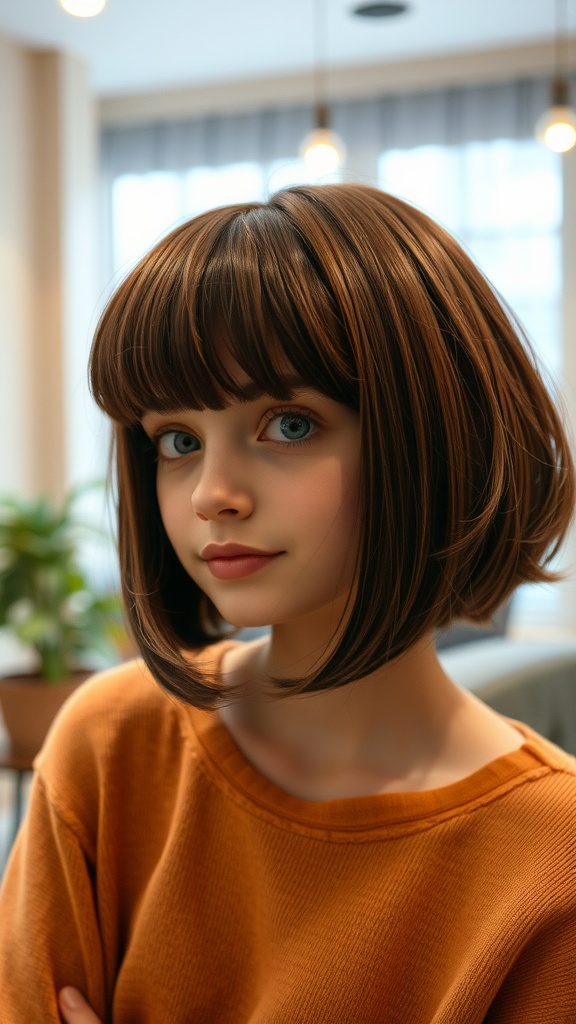 A person with a bob hairstyle and bangs, featuring warm brown hair, in a cozy indoor setting.