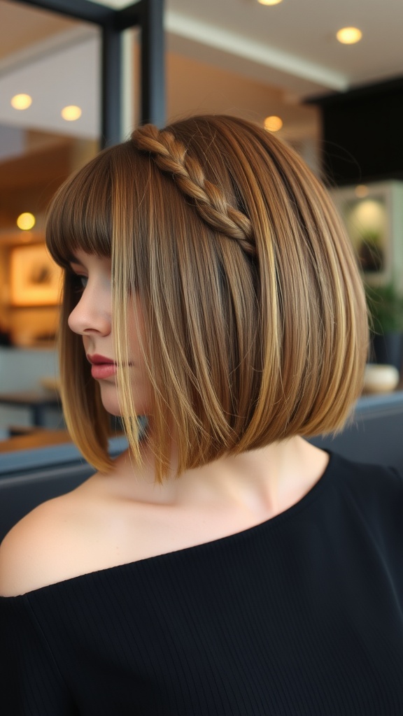 A woman with a stylish bob haircut featuring braided bangs, showcasing a modern and chic hairstyle.