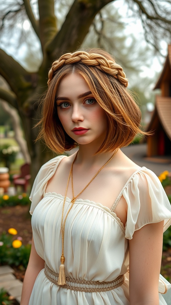 A young woman with a bob hairstyle adorned with a braided crown, wearing a light dress and standing in a garden.