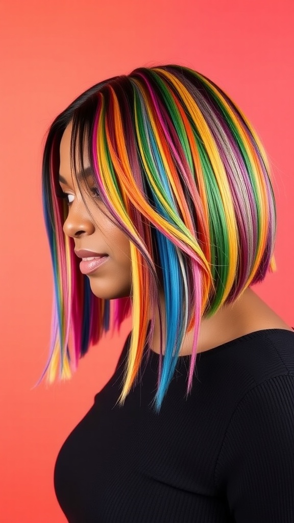 A woman with a colorful bob hairstyle featuring bright, multi-colored extensions against a pink background.