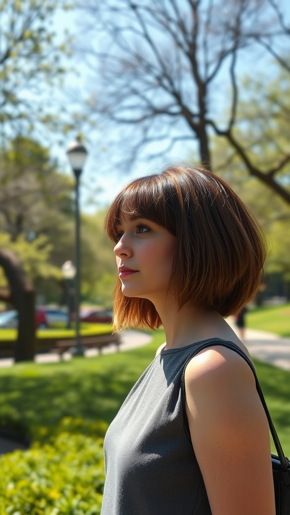A woman with a bob hairstyle featuring face-framing layers, standing in a park.