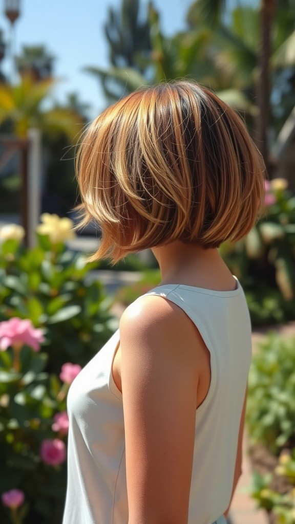 A woman with a short bob hairstyle with highlights, standing in a garden filled with flowers.