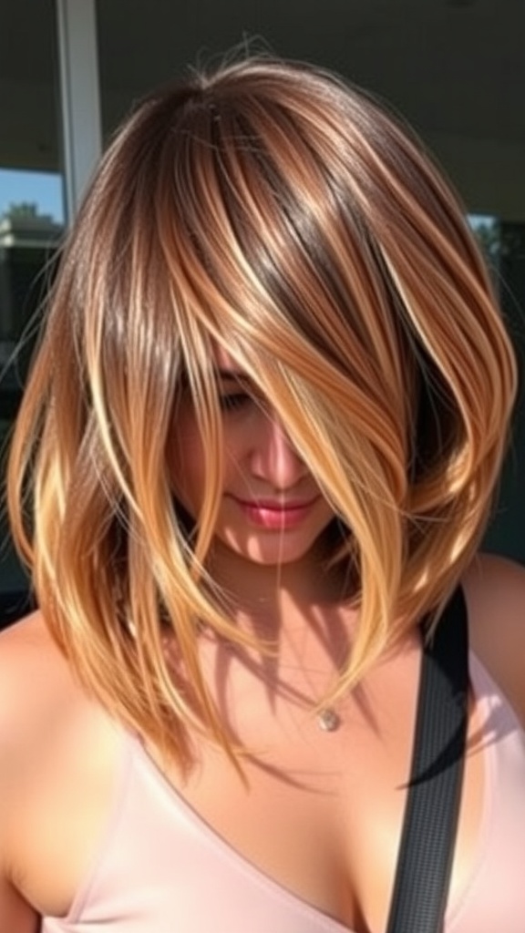A woman with a bob hairstyle featuring ombre highlights, showcasing a blend of darker roots and lighter ends.