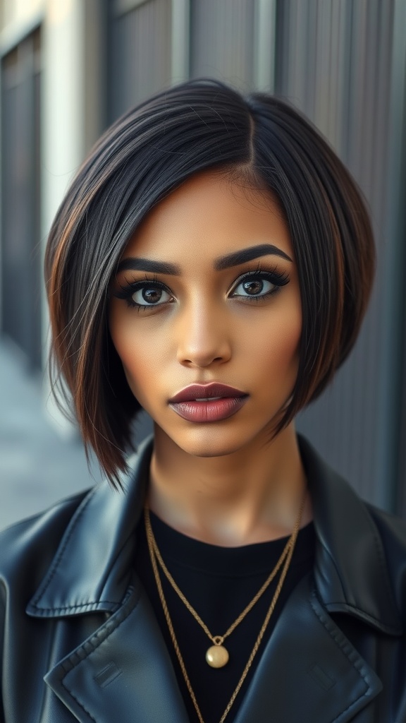 A woman with a stylish bob haircut featuring an undercut, showing off a chic and modern look.
