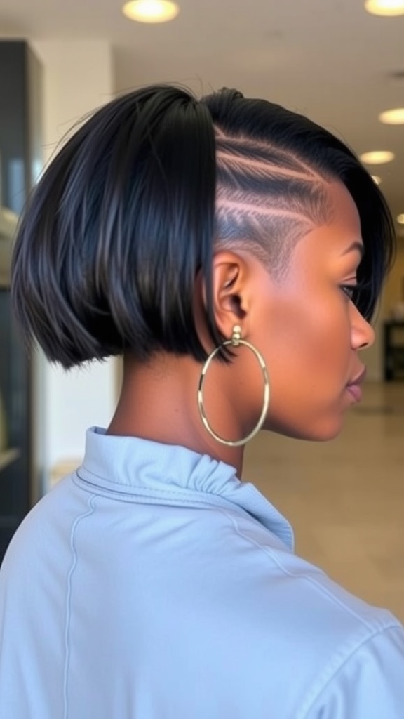 A woman with a stylish bob hairstyle featuring an undercut design and shaved patterns on the side.