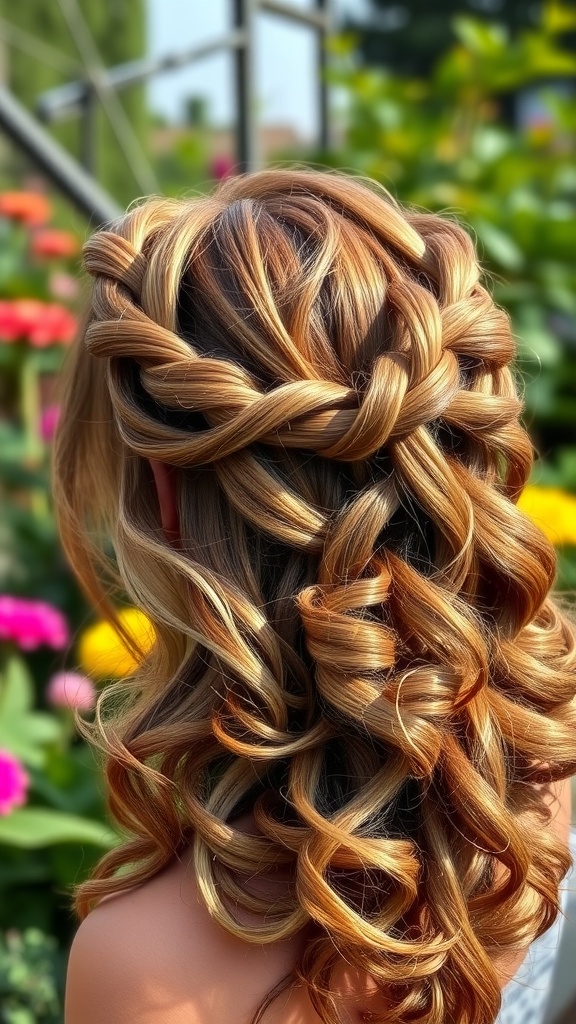 A beautiful bohemian braided crown hairstyle with loose curls.