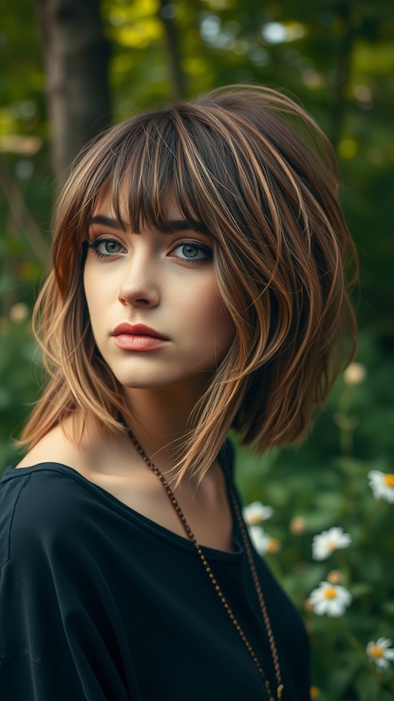 A woman with a messy bob haircut and fringe bangs, surrounded by greenery.