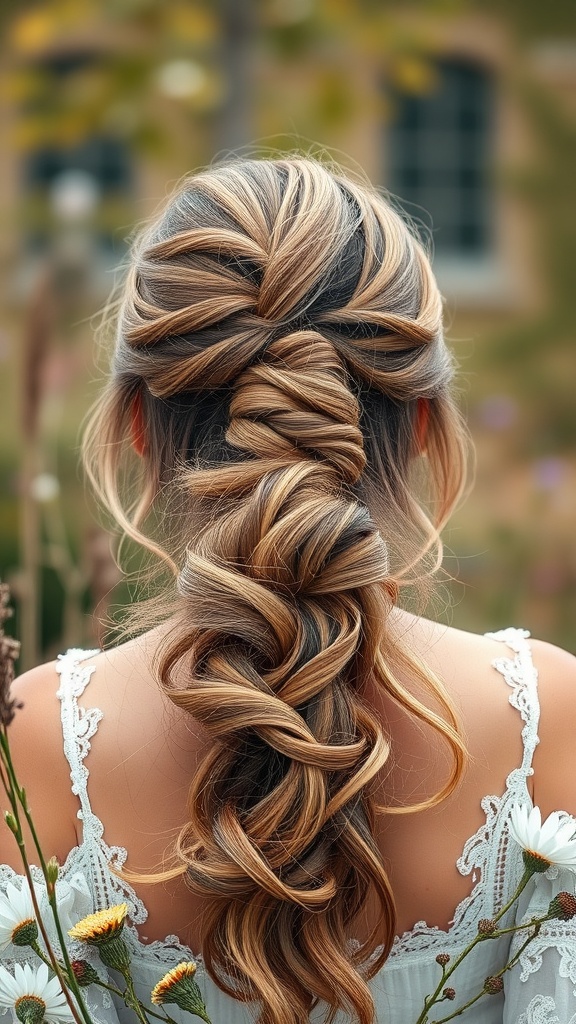 A woman with a bohemian ponytail hairstyle featuring braids and natural textures, surrounded by flowers.