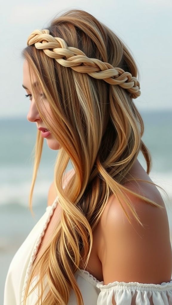 A woman with a braided crown hairstyle and loose waves